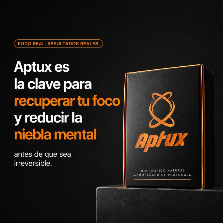 Aptux es la clave para recuperar tu foco y reducir la niebla mental. Caja del nootrópico natural Aptux, acompañado de protocolo