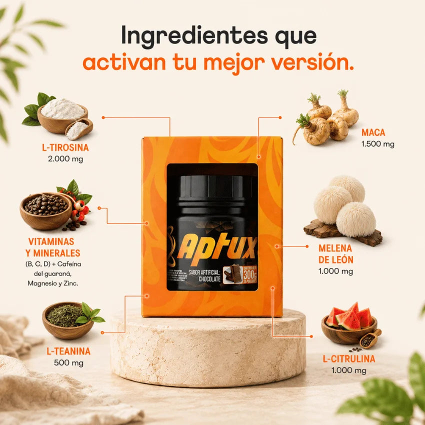 Ingredientes de Aptux con su miligramaje: L-tirosina 2.000 mg, maca 1.500 mg, melena de león 1.000 mg, L-citrulina 1.000 mg, L-teanina 500 mg, más vitaminas B, C, D y E, magnesio, zinc y cafeína del guaraná
