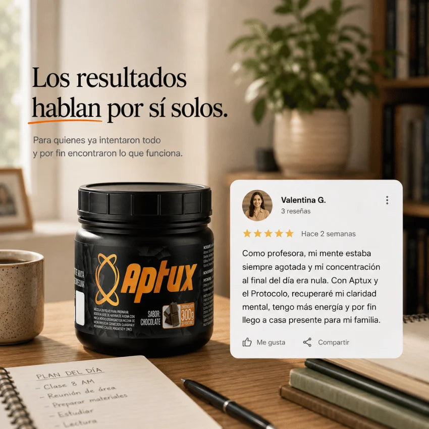 Reseña de Valentina G., profesora: su mente estaba agotada al final del día y con Aptux y el Protocolo recuperó claridad mental y energía
