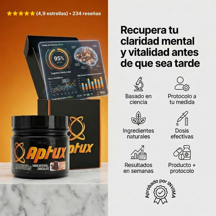 Frasco de Aptux Nootrópico sabor chocolate junto a la caja del Protocolo Aptux Way y su tablero de seguimiento, con la calificación de 4,9 sobre 234 reseñas