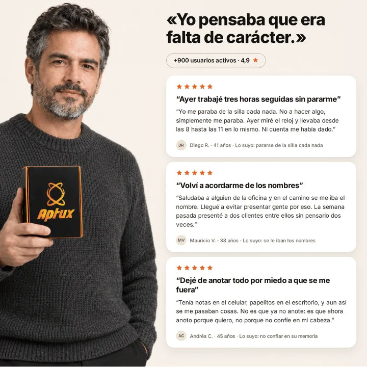 Tres reseñas de clientes de Aptux bajo el titular «Yo pensaba que era falta de carácter»: Diego R. trabajó tres horas seguidas sin pararse, Mauricio V. volvió a acordarse de los nombres y Andrés C. dejó de anotar todo por miedo a olvidarlo